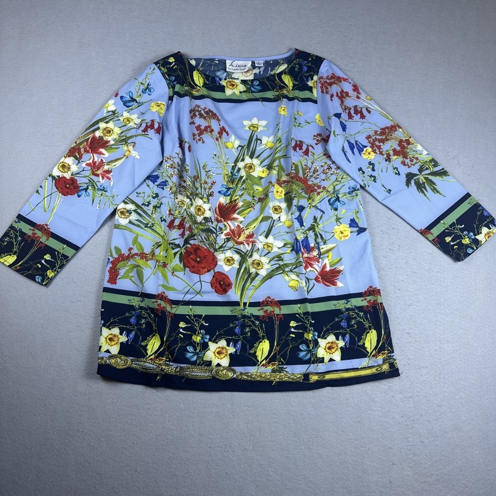 Linea by Louis Dell' Olio Blouse Women 6 Blue Floral Silky Tunic Popover Top